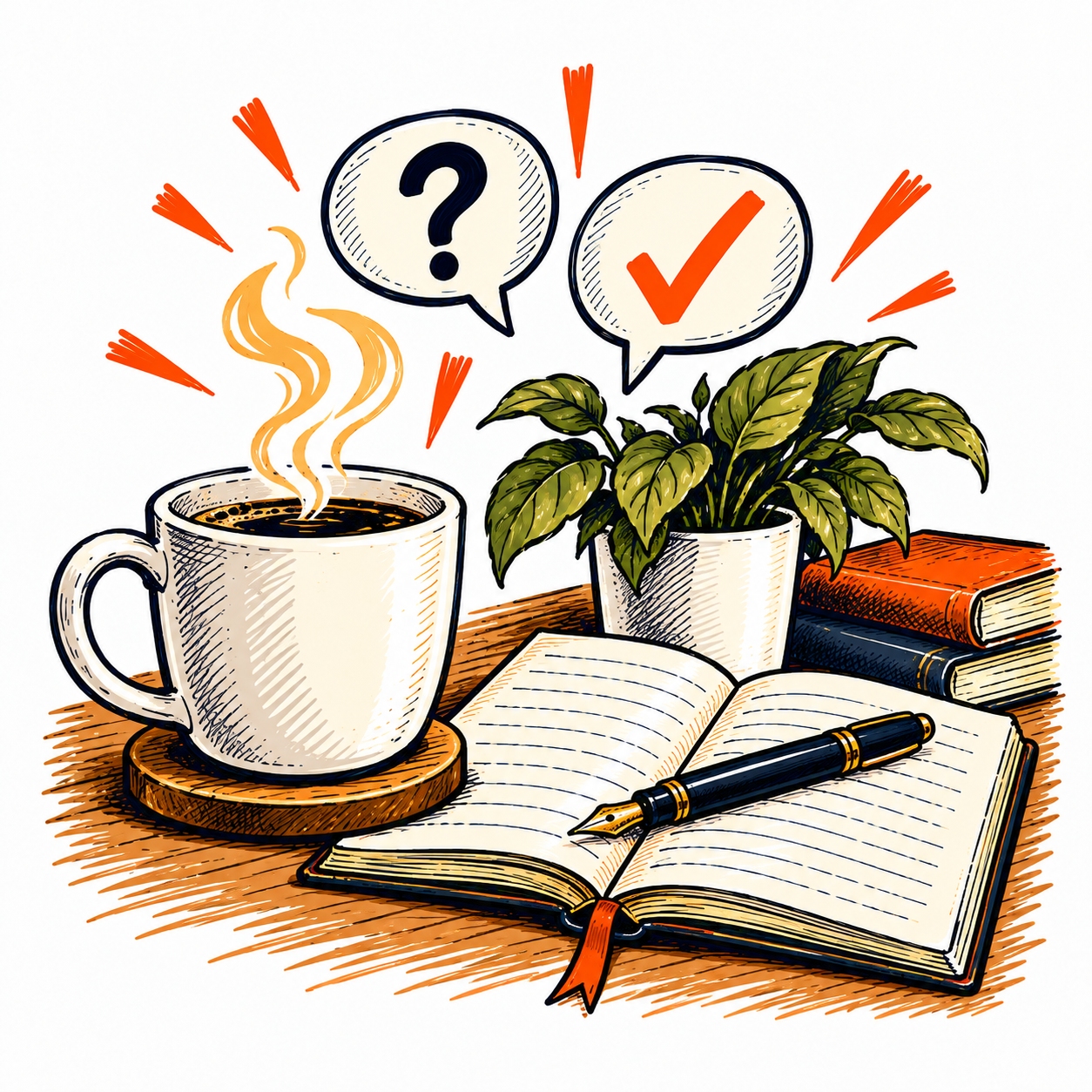 Coffee and a notebook beside reassuring question-and-answer bubbles