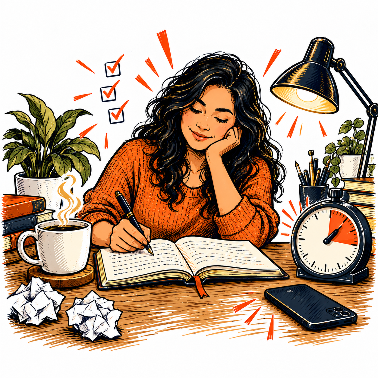 A writer protecting a focused hour with her notebook, coffee and timer