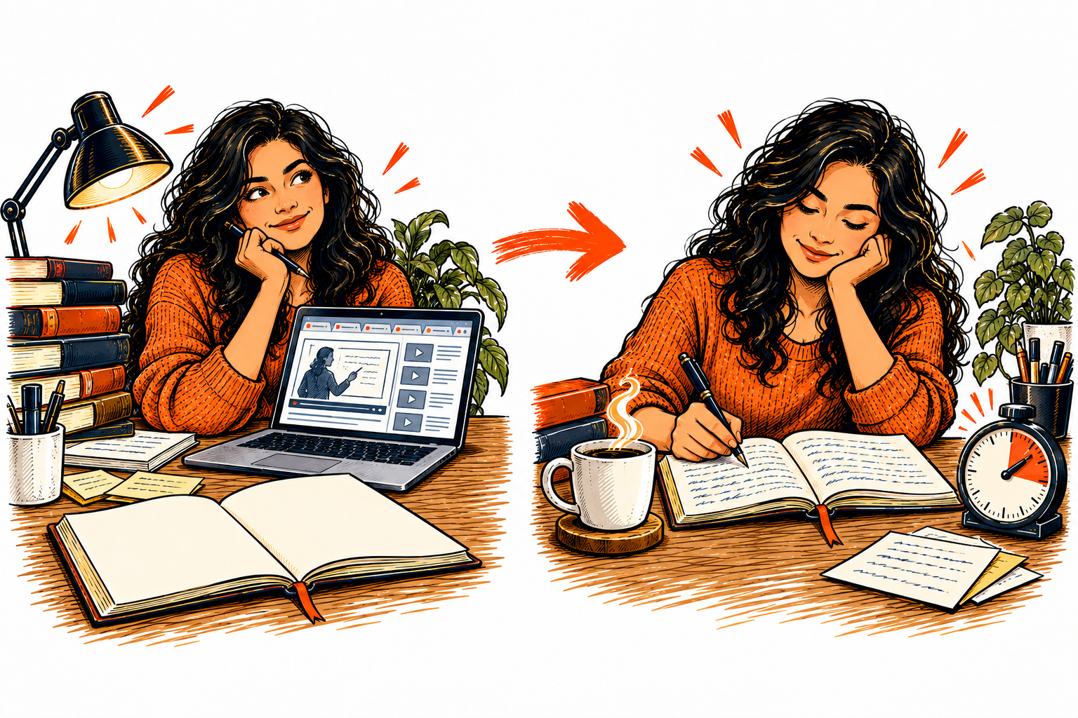 From courses, notes and an untouched manuscript to a focused writer filling pages beside a timer