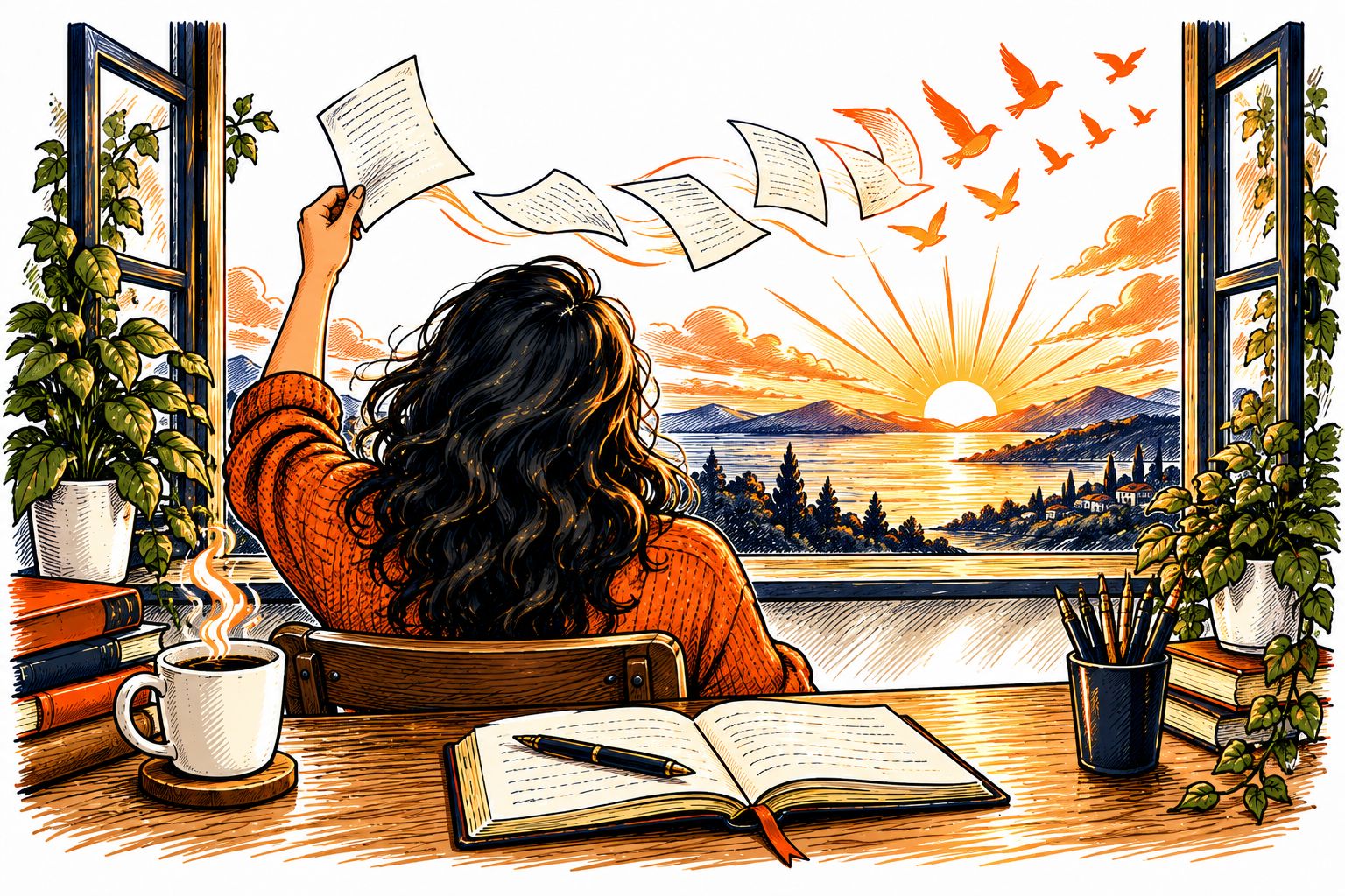 A writer lifts a finished page toward a sunrise as notebook pages become birds