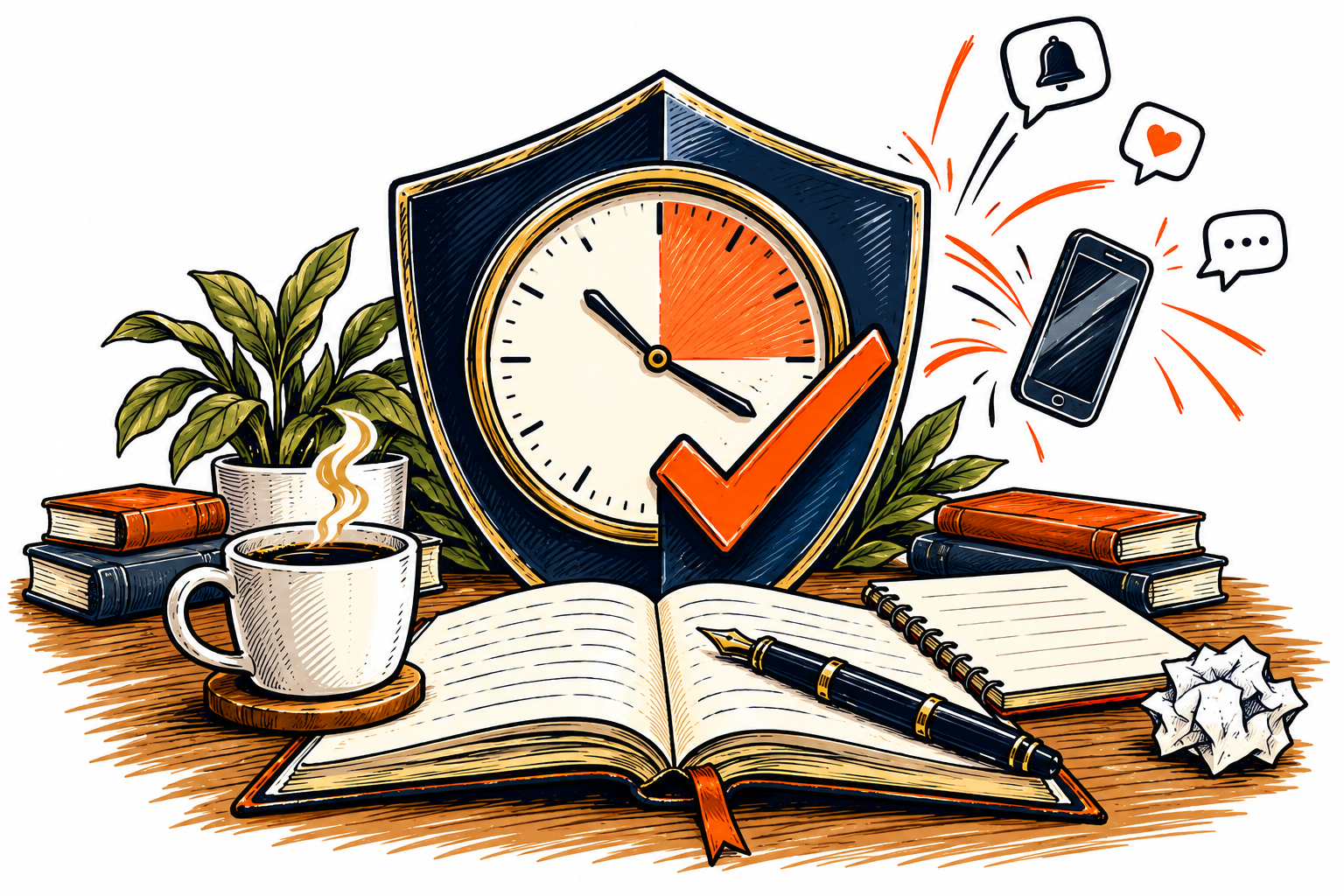 A shield protects a writing clock from distractions, surrounded by books and a notebook