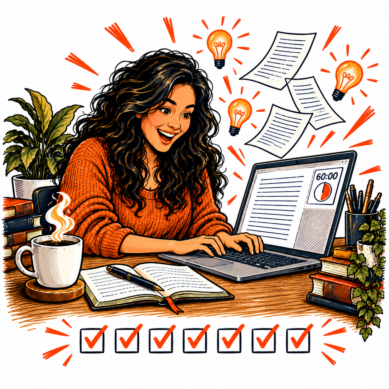 A delighted writer types as ideas and pages build, with a session timer and seven checked days