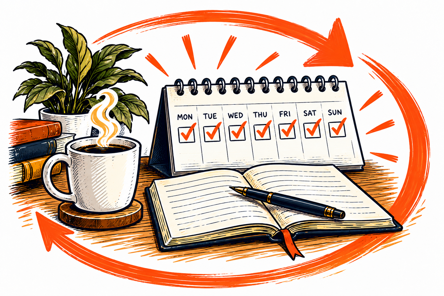 A checked weekly calendar, coffee and notebook show a regular writing habit