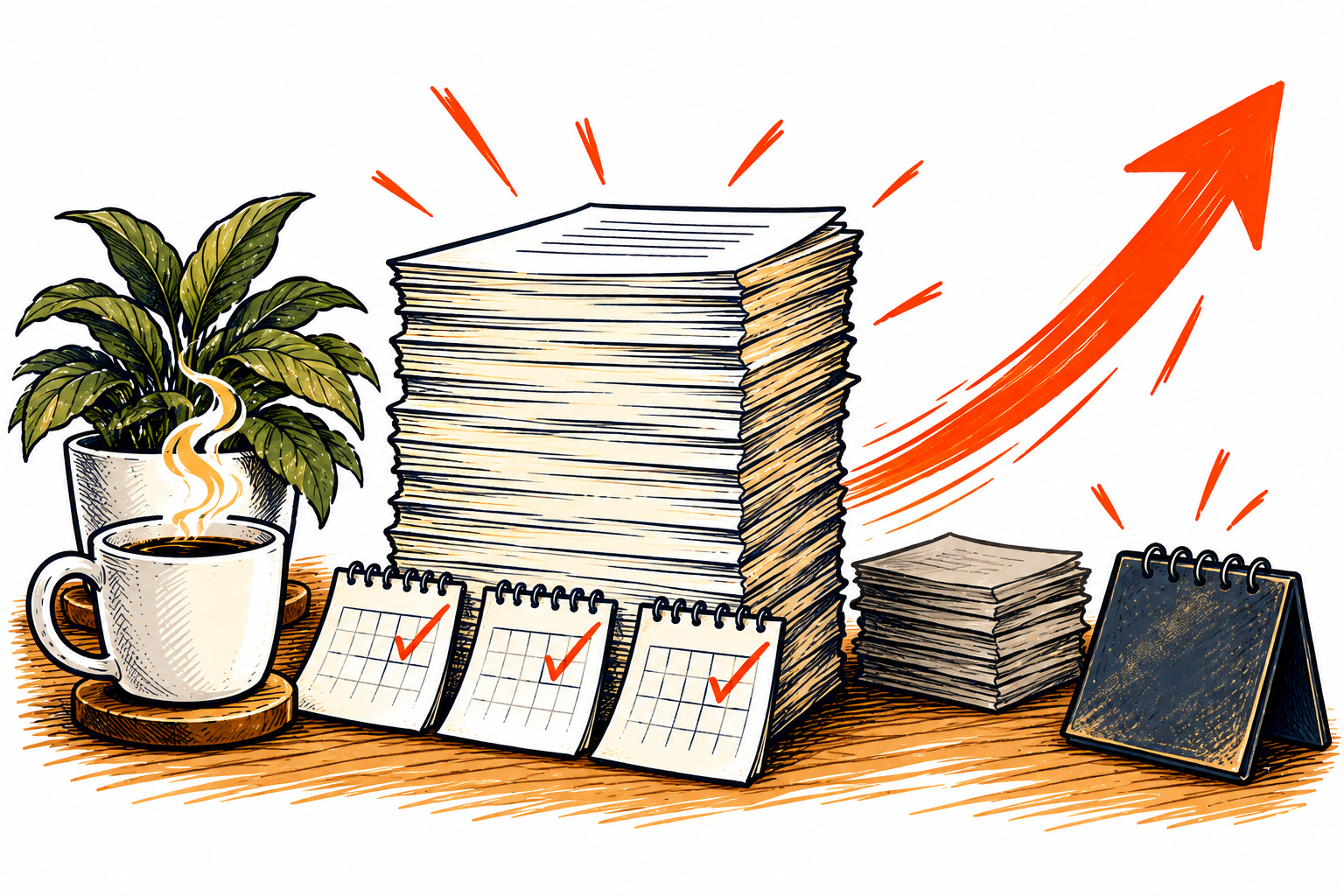 Three calendar pages and a growing stack of completed writing