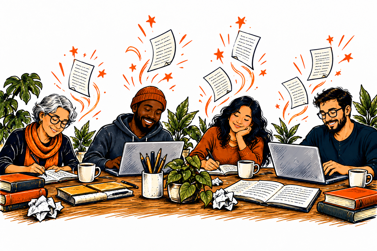 An illustrated community of writers working alongside one another