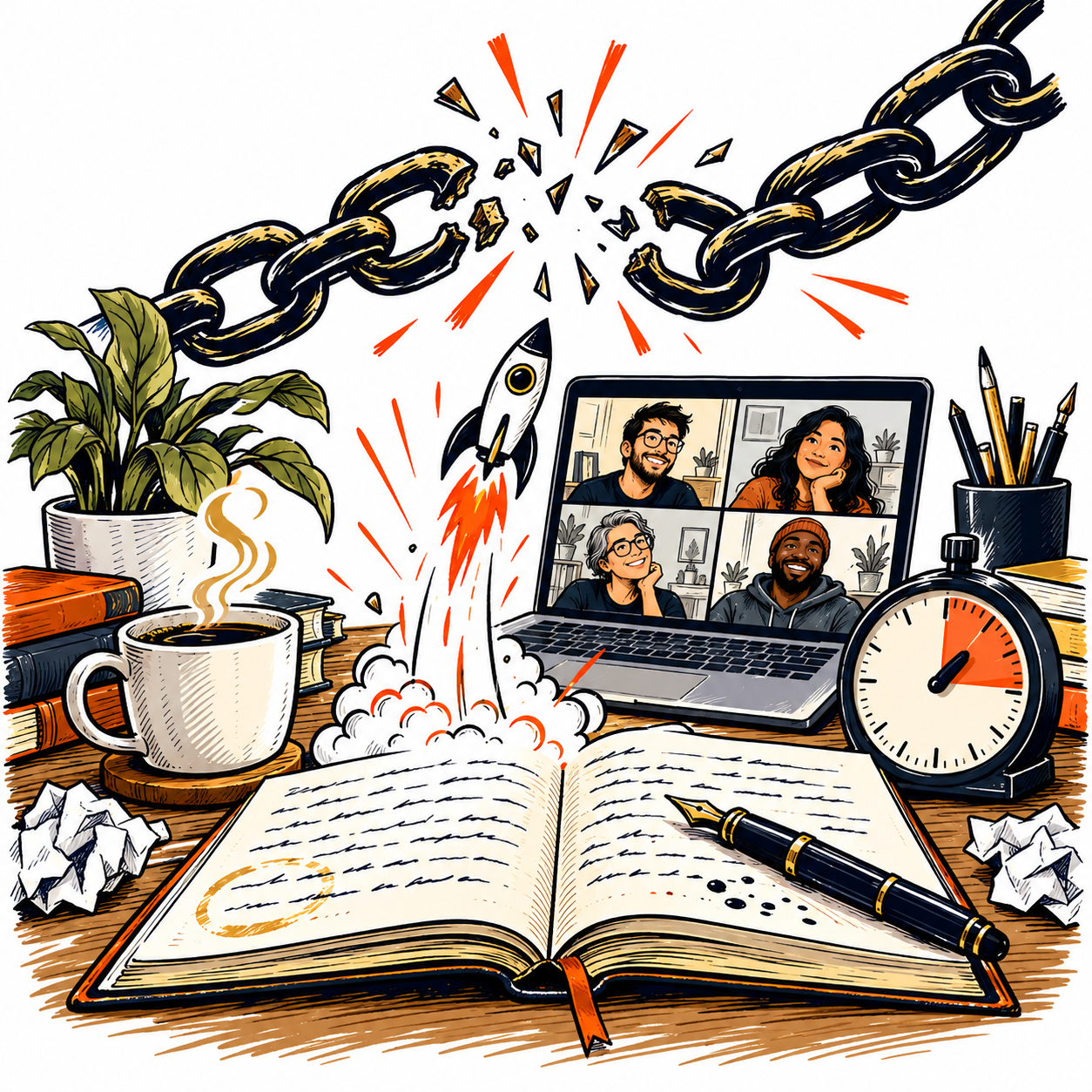 Hand-drawn notebook, coffee, timer and a laptop connecting writers, with a chain breaking above the desk