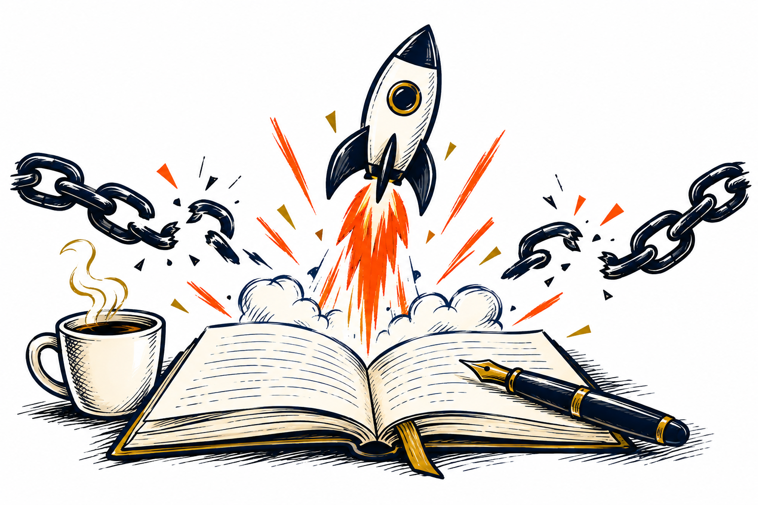 A hand-drawn rocket launching from an open notebook as chains break apart